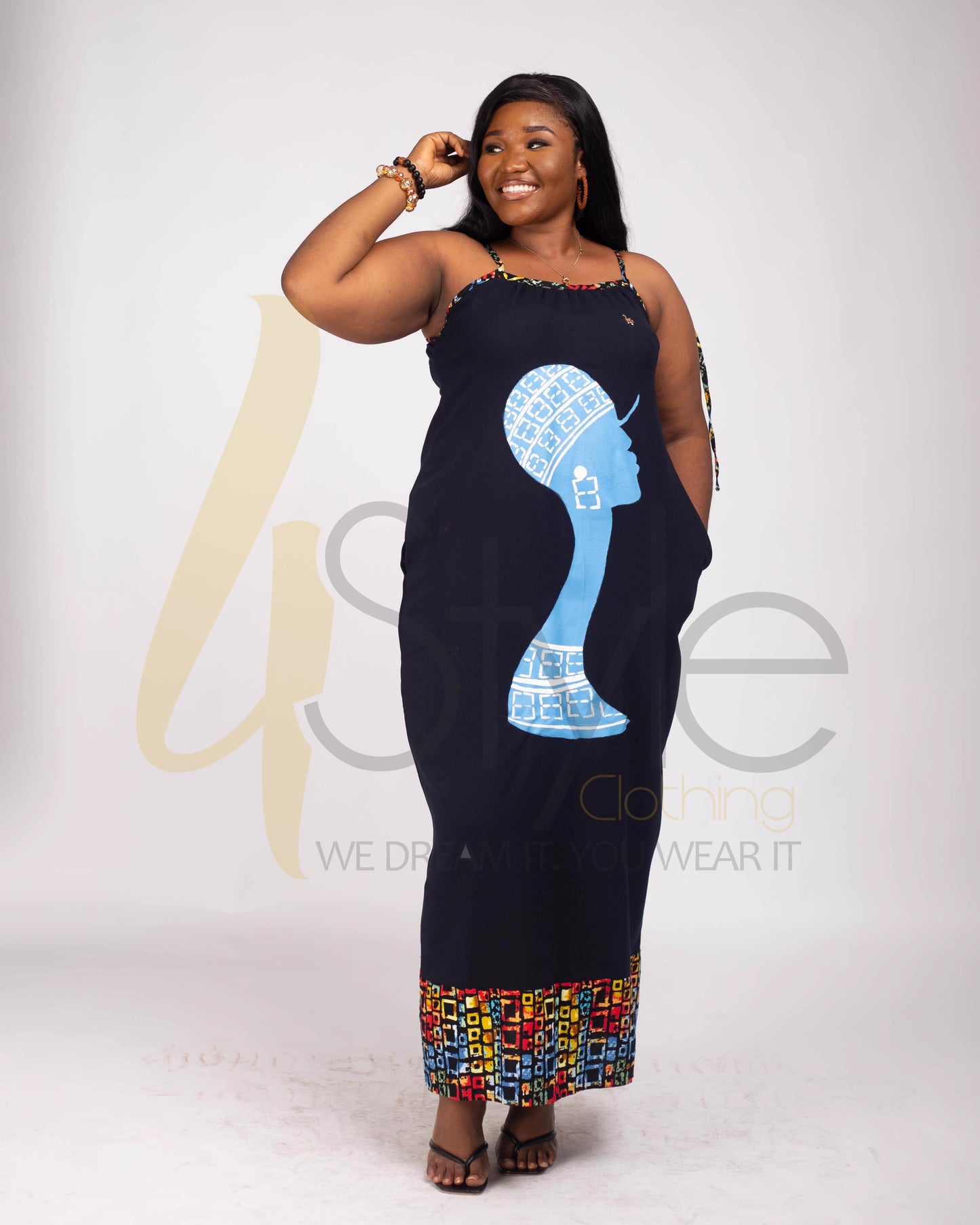 Dark navy blue dress with African print touch