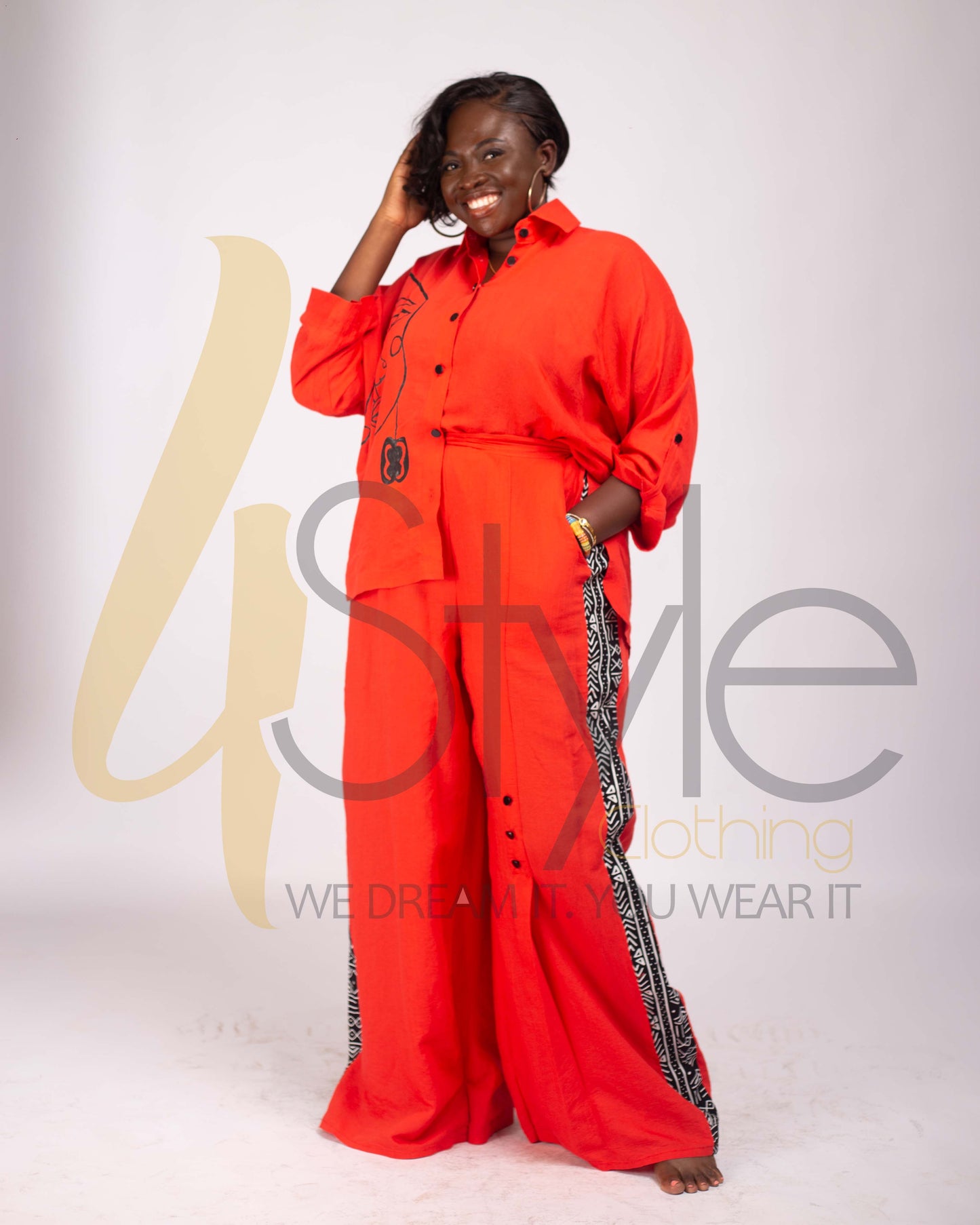 vermillion two piece top and trousers