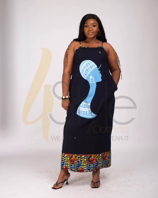 Dark navy blue dress with African print touch