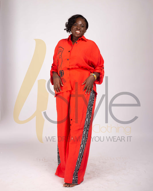 vermillion two piece top and trousers