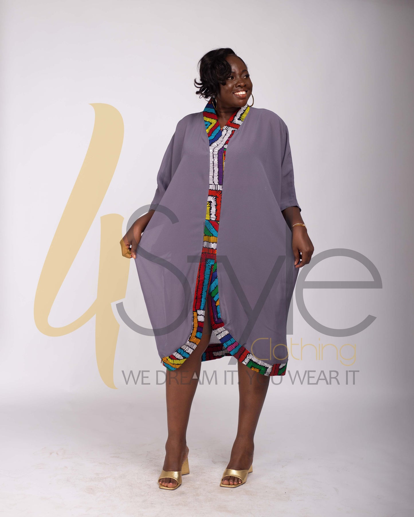 Grey Chiffon kaftan top with African print