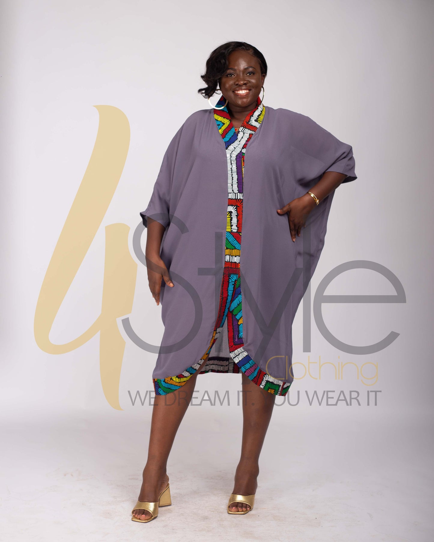 Grey Chiffon kaftan top with African print