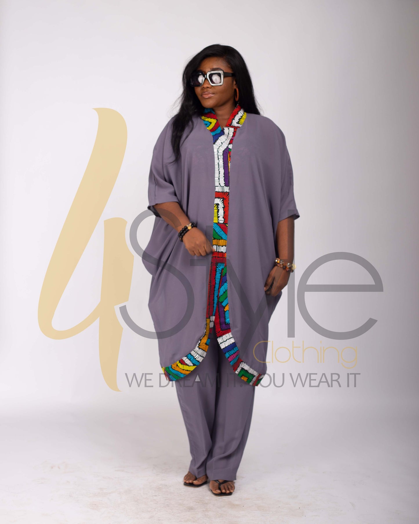 Grey Chiffon kaftan top with African print