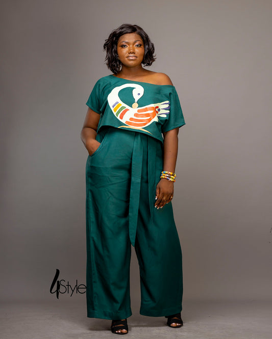 Emerald green cotton crop top pant set