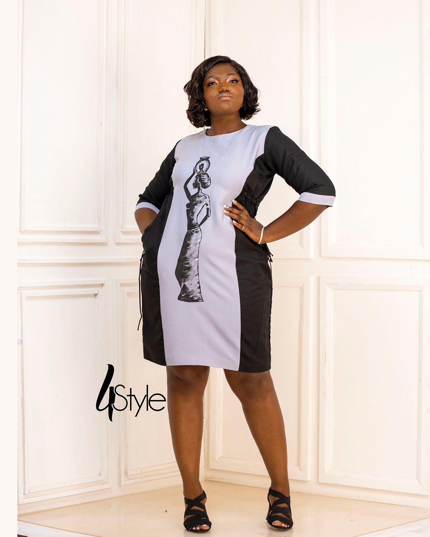 black and gray loose cotton crepe Dress